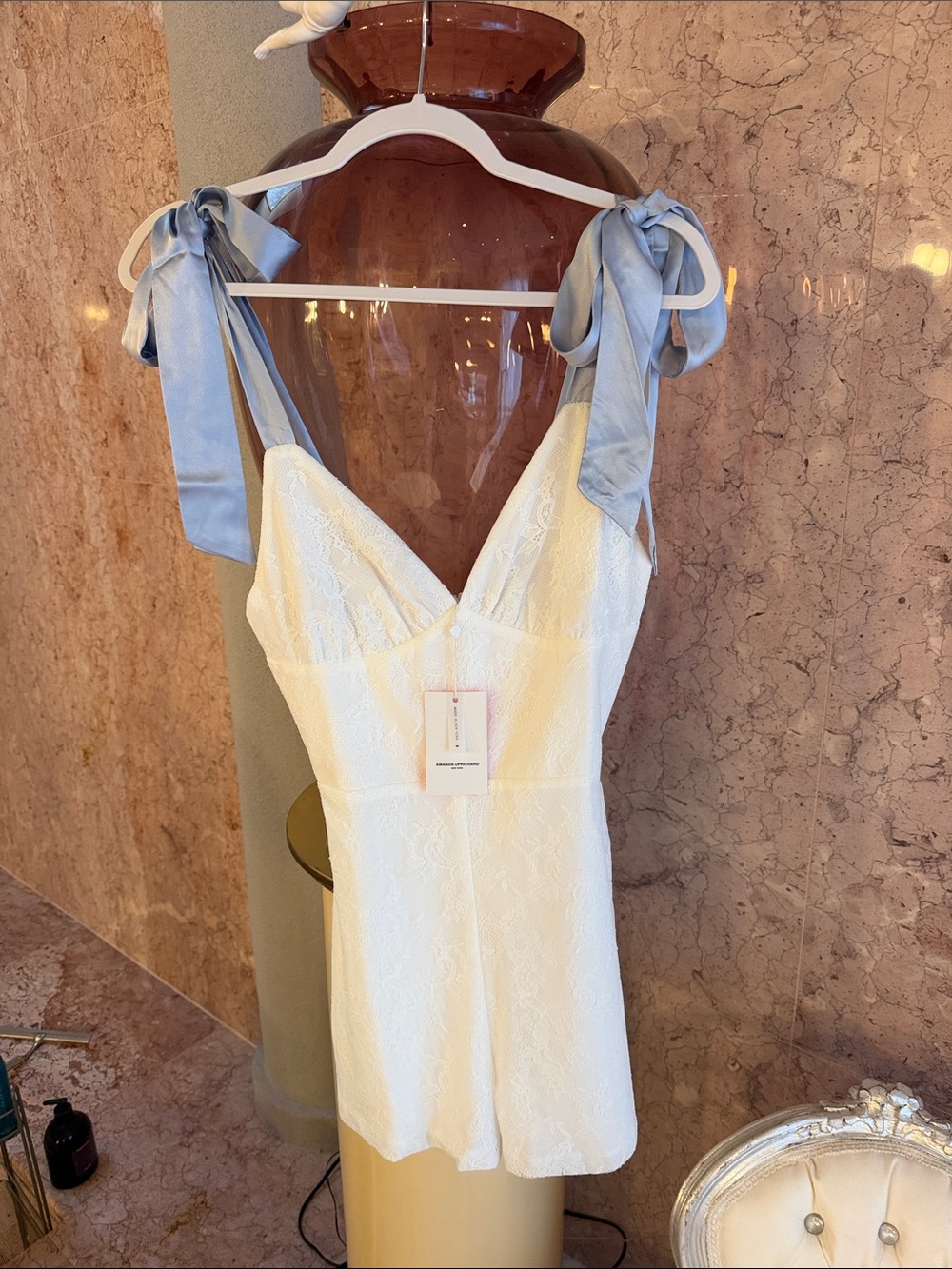 Amanda Uprichard White Lace romper with Light Blue silk Tie Straps